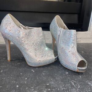 Silver Rhinestone Peep-Toe Heels